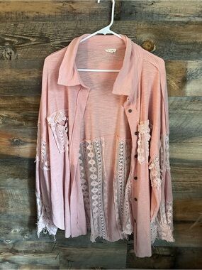 POL Pink Lace/crochet -Trim Button Front Cardigan